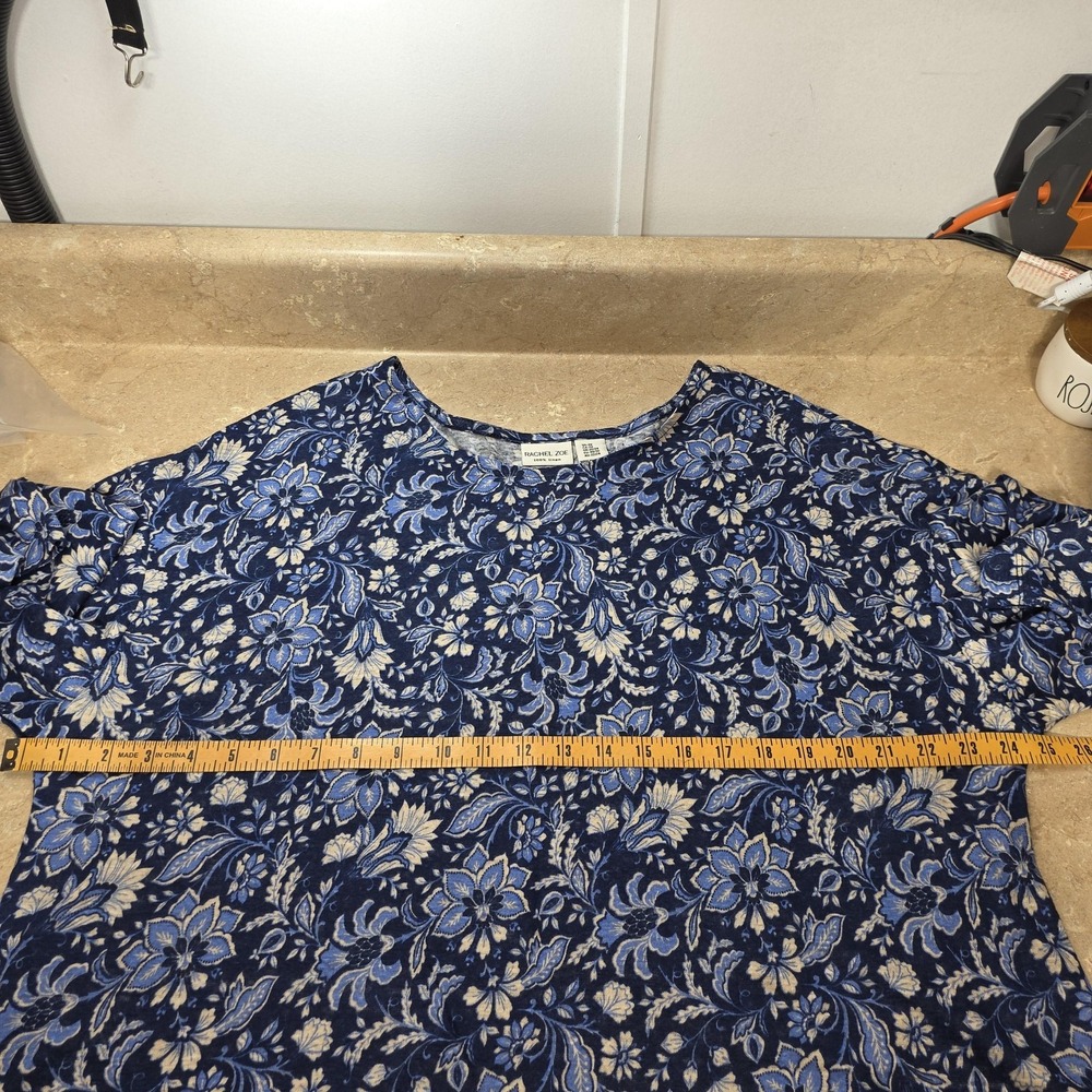 Rachel Zoe Linen Top Women 2X Blue Floral Scoop Neck Tunic Beachy Coastal Resort - Picture 6 of 11